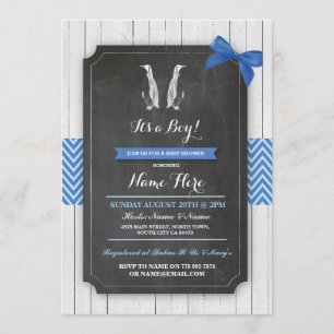 Penguin Blue Baby shower Party Boy Wood Invite Kaart