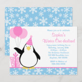 Penguin Blue Snowflakes Winter Onederland Birthday Kaart (Voorkant / Achterkant)