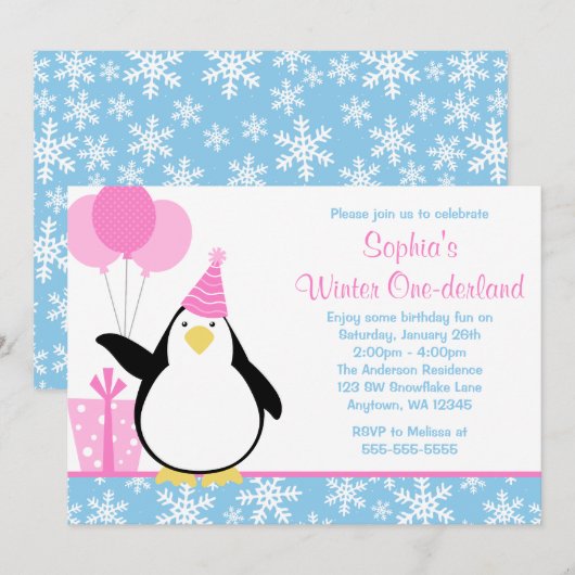 Penguin Blue Snowflakes Winter Onederland Birthday Kaart (Voorkant / Achterkant)