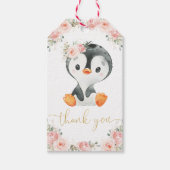 Penguin Blush Bloemen Baby shower Verjaardagsfeest Cadeaulabel (Voorkant)