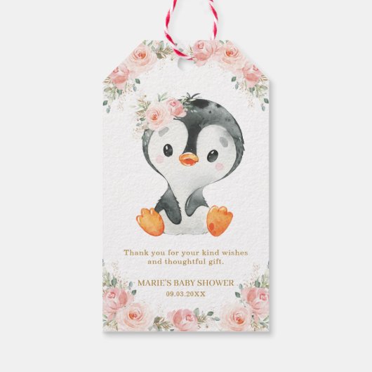 Penguin Blush Bloemen Baby shower Verjaardagsfeest Cadeaulabel (Achterkant)