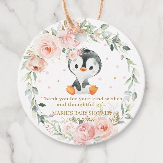 Penguin Blush Floral Baby shower Birthday Party Bedankjes Labels (Voorkant)