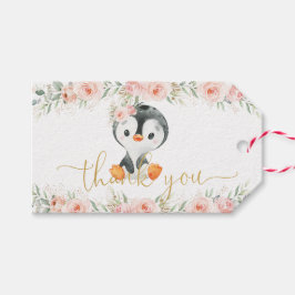Penguin Blush Floral Baby shower Birthday Party Cadeaulabel