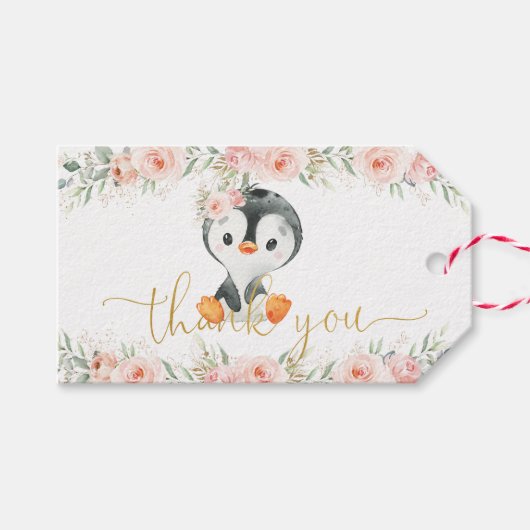 Penguin Blush Floral Baby shower Birthday Party Cadeaulabel (Voorkant (Horizontaal))