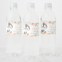 Penguin Blush Floral Baby shower Birthday Party Waterfles Etiket