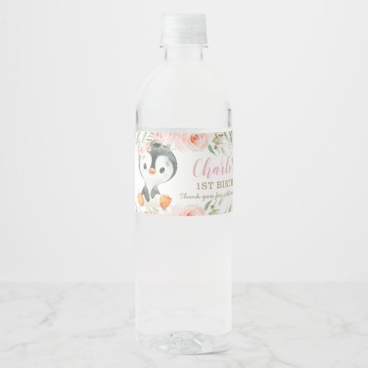 Penguin Blush Floral Baby shower Birthday Party Waterfles Etiket (Voorkant)