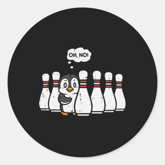 Penguin Bowling Pins Oh No Funny Bowler Player Man Ronde Sticker (Voorkant)