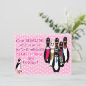 Penguin Bowling Verjaardagsfeestje Roze (gepersona Kaart (Staand voorkant)