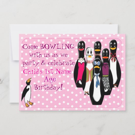 Penguin Bowling Verjaardagsfeestje Roze (gepersona Kaart (Voorkant)