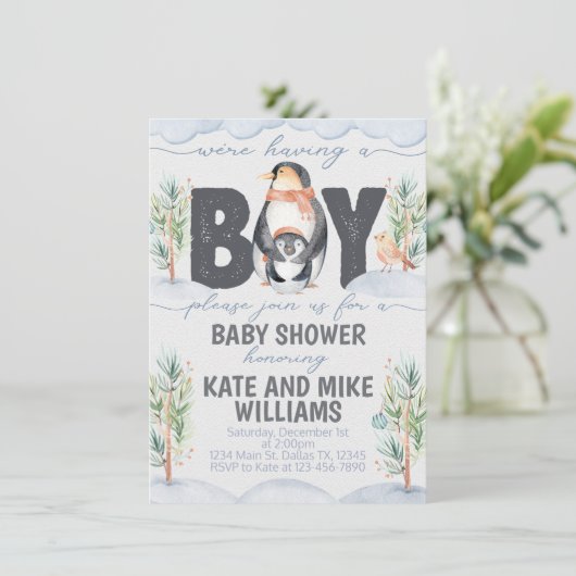 Penguin Boy Baby shower uitnodiging (Staand voorkant)