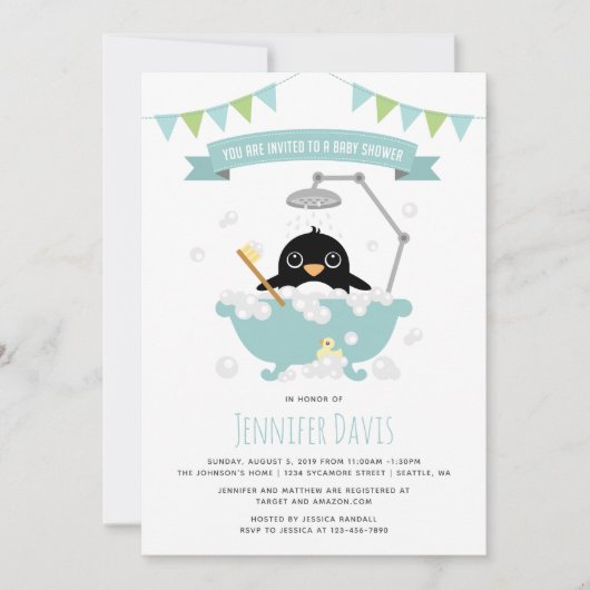 Penguin Boy in Blue Bathtub Shower Invitation Kaart (Voorkant)