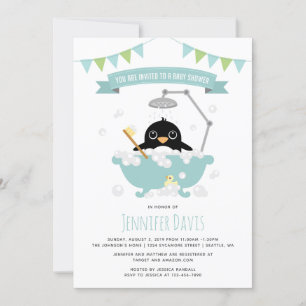 Penguin Boy in Blue Bathtub Shower Invitation Kaart