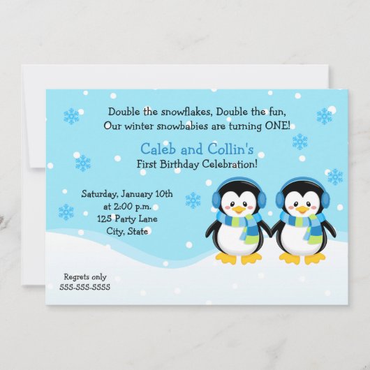 Penguin Boy Twins verjaardagsuitnodiging Kaart (Voorkant)