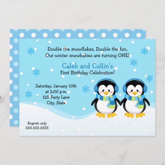 Penguin Boy Twins verjaardagsuitnodiging Kaart (Voorkant / Achterkant)