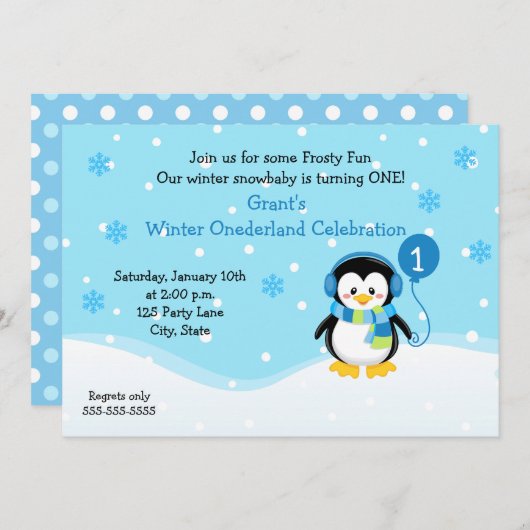 Penguin Boy Verjaardag Uitnodiging (Voorkant / Achterkant)