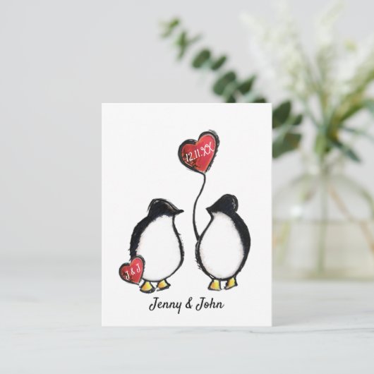 Penguin bruiloft Sla de datum op Feestdagenkaart (Staand voorkant)