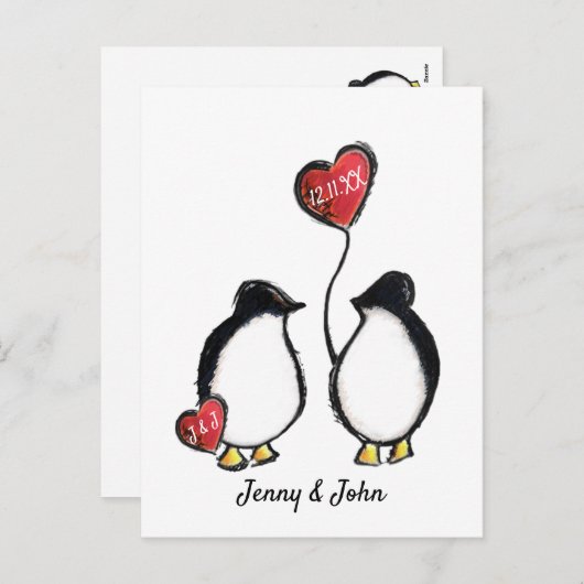 Penguin bruiloft Sla de datum op Feestdagenkaart (Voorkant / Achterkant)
