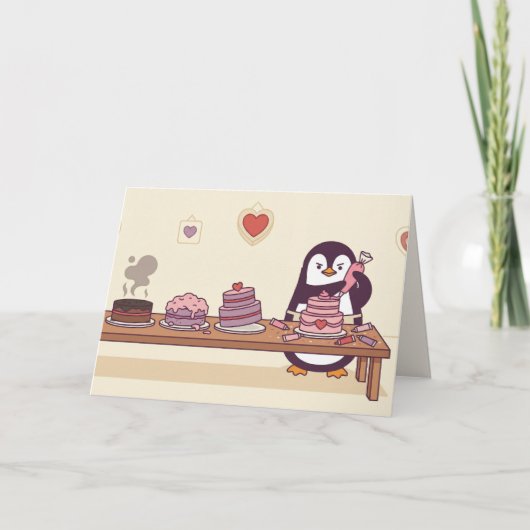 Penguin Cake Decorator Galentine Valentine Card Feestdagen Kaart (Voorkant)
