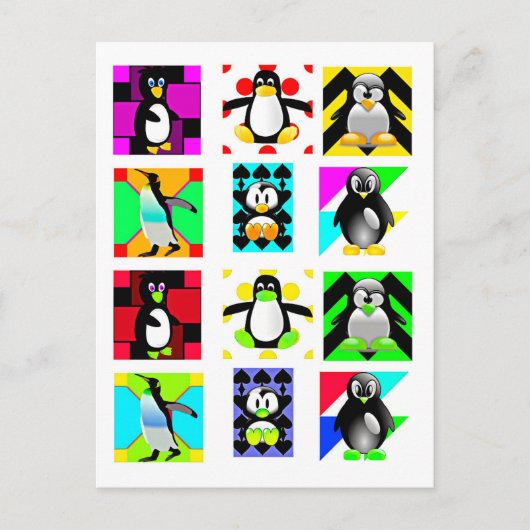 Penguin Cartoon Vogels Abstract Kunstcollage Briefkaart (Voorkant)
