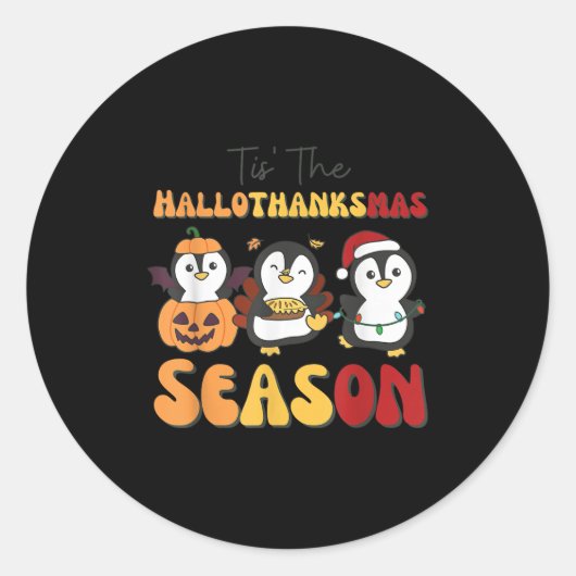 Penguin Christmas Halloween Tis' The Hallothanksma Ronde Sticker (Voorkant)