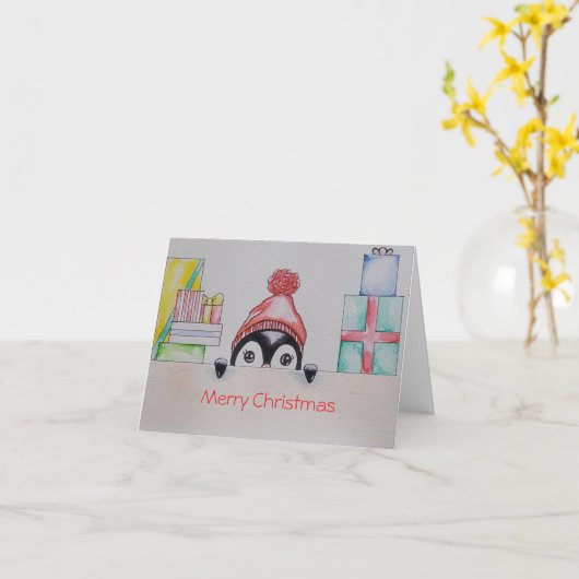 Penguin Christmas Wenskaart Kaart (Gele Bloem)