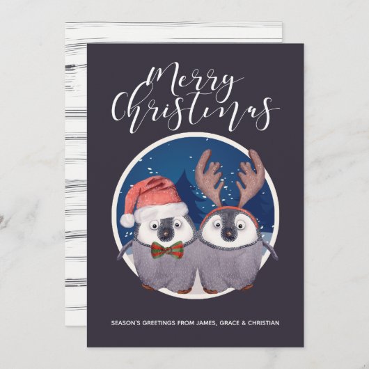 Penguin Couple Cute Santa en Reindeer Kerstmis Feestdagenkaart (Voorkant / Achterkant)