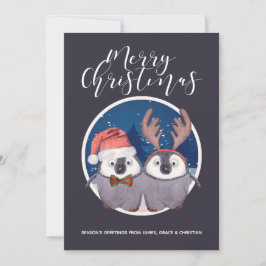 Penguin Couple Cute Santa en Reindeer Kerstmis Feestdagenkaart