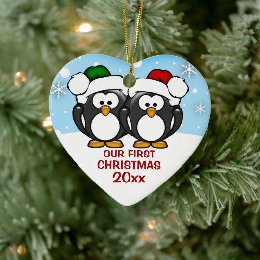 Penguin Couple Eerste KerstOrnament Keramisch Ornament (Boom)