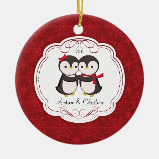 Penguin Couple Love Cute Kerstannament Keramisch Ornament (Voorkant)