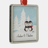 Penguin Couple Love Cute Kerstannament Metalen Ornament (Rechts)