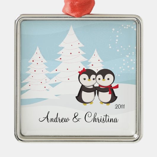 Penguin Couple Love Cute Kerstannament Metalen Ornament (Voorkant)