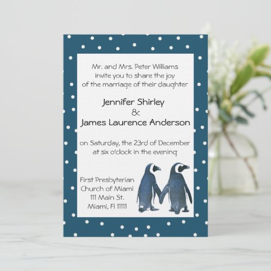Penguin Couple Wedding Invitation Kaart (Staand voorkant)