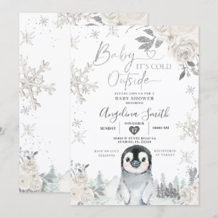 Penguin Creamy White Snowflake Floral Baby shower Kaart