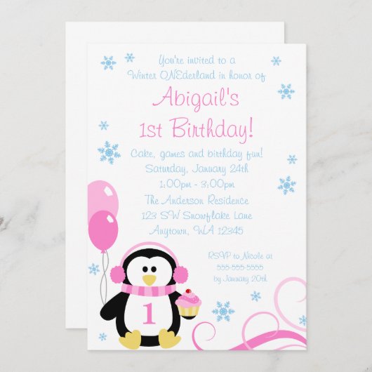 Penguin Cupcake Swirls Winter Onederland Pink Blue Kaart (Voorkant / Achterkant)