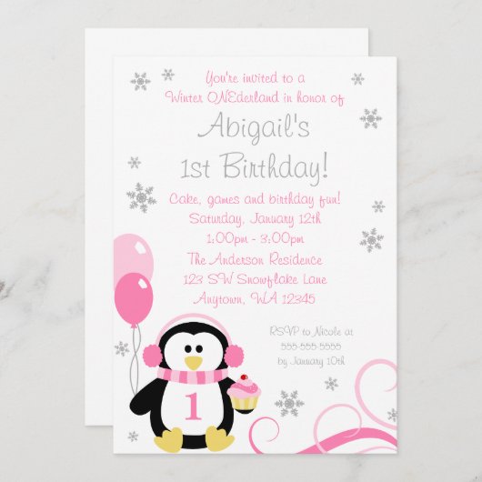 Penguin Cupcake Swirls Winter Onederland Pink Gray Kaart (Voorkant / Achterkant)