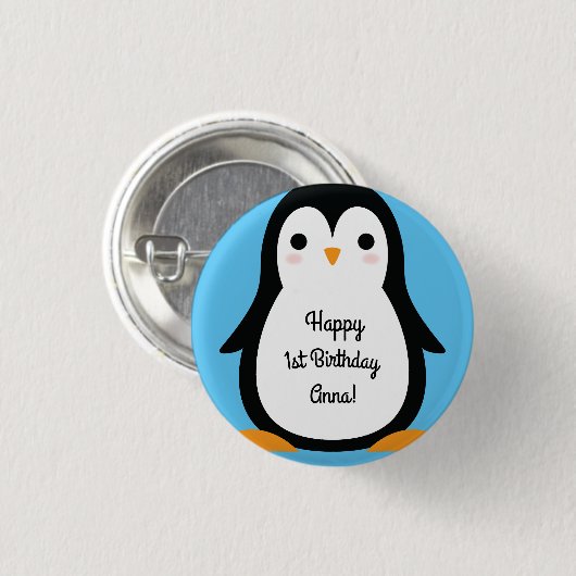 Penguin Cute Winter 1st Birthday Button Pin (Voorkant /achterkant)