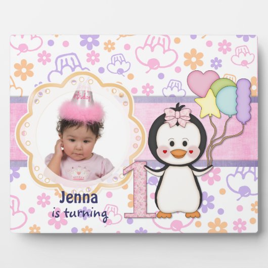 Penguin Cutie-Girl First Birthday Fotoplaat (Voorkant)