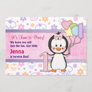 Penguin Cutie-Girl First Birthday Kaart