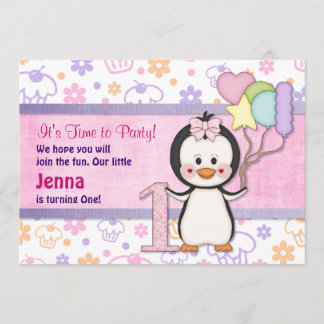 Penguin Cutie-Girl First Birthday Kaart