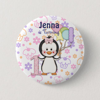Penguin Cutie-Girl First Birthday Ronde Button 5,7 Cm