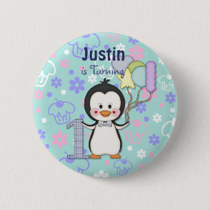 Penguin Cutie - Jongen Eerste Verjaardag Ronde Button 5,7 Cm