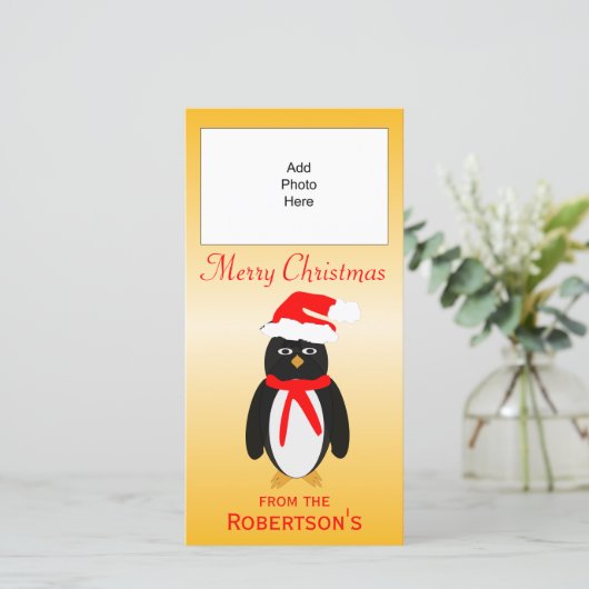 Penguin Design Gepersonaliseerde Kerstmis Fotokaar Feestdagenkaart (Staand voorkant)