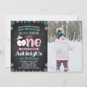 Penguin Eerste Verjaardagsuitnodiging met Foto Kaart (Voorkant)