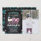 Penguin Eerste Verjaardagsuitnodiging met Foto Kaart (Voorkant / Achterkant)