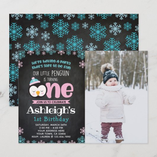 Penguin Eerste Verjaardagsuitnodiging met Foto Kaart (Voorkant / Achterkant)