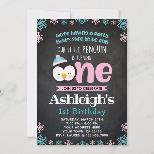 Penguin Eerste Verjaardagsuitnodiging Schrijfbord Kaart (Voorkant)