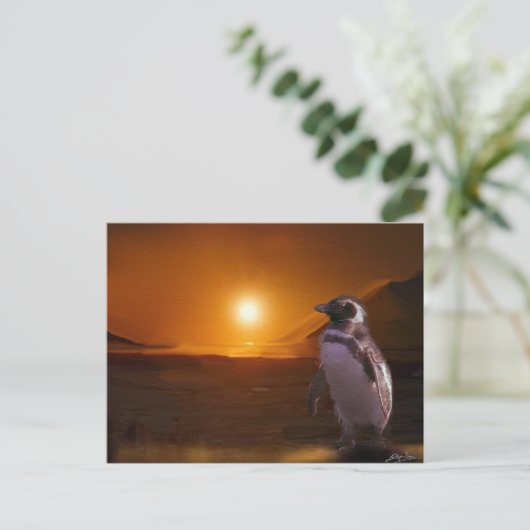 Penguin en Antarctische Sunset Art Briefkaart (Staand voorkant)