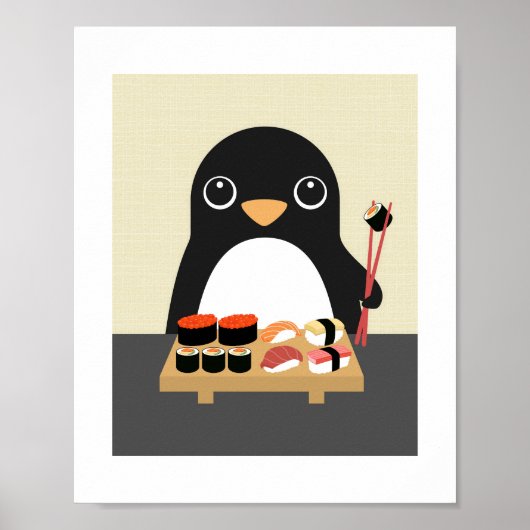 Penguin eten Sushi Poster Print (Voorkant)