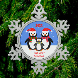 Penguin familie baby eerste Kerstmis jouw tekst Tin Sneeuwvlok Ornament