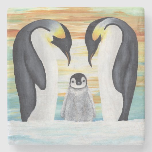 Penguin Familie met Baby Penguin Stenen Onderzetter (Voorkant)